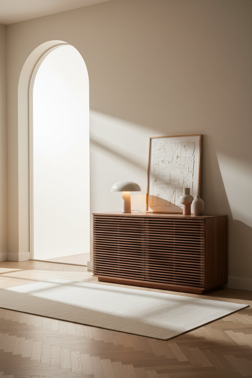 Buffet à lattes en bois d'inspiration naturelle avec 2 portes et étagères réglables pour le salon