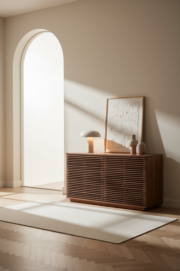 Buffet à lattes en bois d'inspiration naturelle avec 2 portes et étagères réglables pour le salon